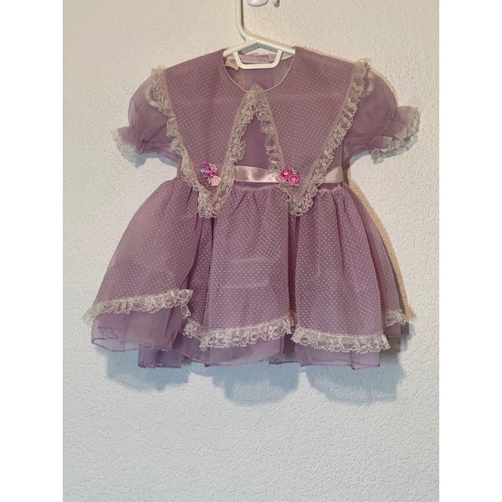 Vintage ILGWU Purple Lavender Polka Dot Organza Lace Sailor Collar Dress